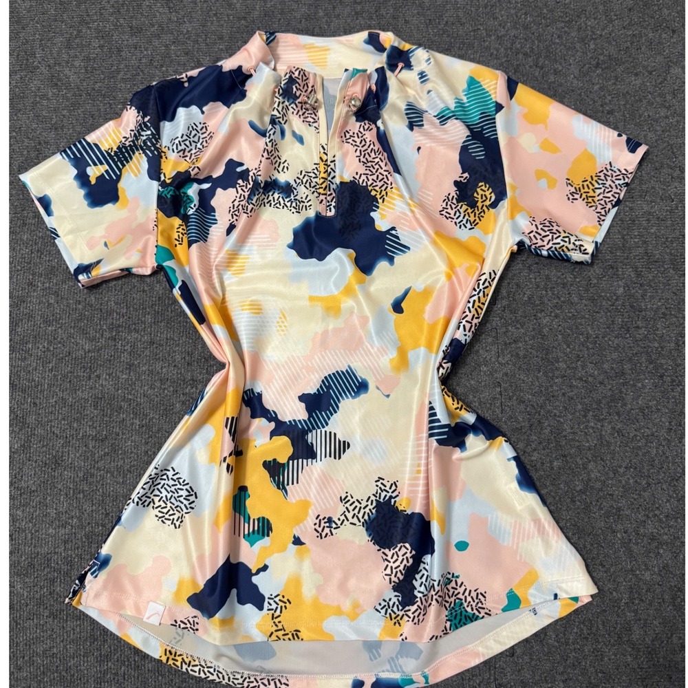 SwingDish Womens Abstract Print Quarter Zip Golf Polo‎ Shirt Pink Yellow v3